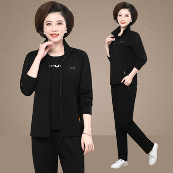 人妇女衣服春秋季中老年人休闲运动服装三件套装黑色2xl号115130斤