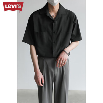 s官方夏季上衣韩系宽松华夫格短袖衬衫 男士感翻领半袖免烫衬 黑色