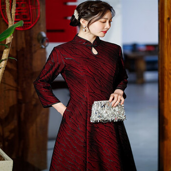 旗袍中长款喜妈妈婚宴装长袖显瘦高腰口袋大摆连衣裙秋冬tz875酒红色