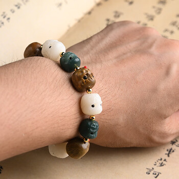 瀚明叁阴皮绿菩提根阿呆手串男女呆呆团白菩提子男女款手串单圈手链