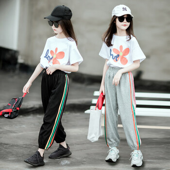 儿童上衣裤子女童休闲运动套装夏天新款大童短袖套装灰色裤子110cm