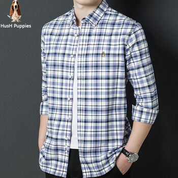 暇步士新款男士衬衫春秋新款全棉帅气休闲长袖格子衬衣男中青年纯棉
