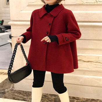 rindu双面毛呢大衣女双面尼斗篷红色牛角扣呢子秋冬新款小个子女士