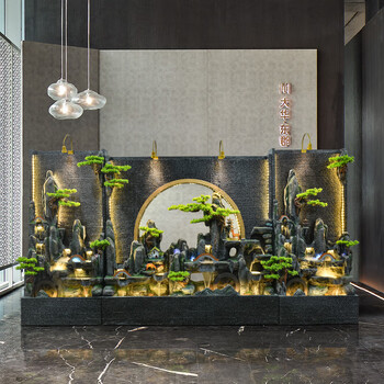 假山水幕墙循环水招财流水喷泉办公室玄关客厅屏风造景生财落地摆件
