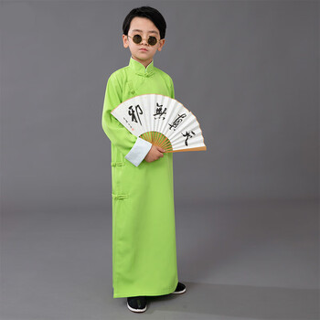 儿童相声表演的衣服大褂马褂民国学生舞台演出服中国风长衫定制款嫩绿