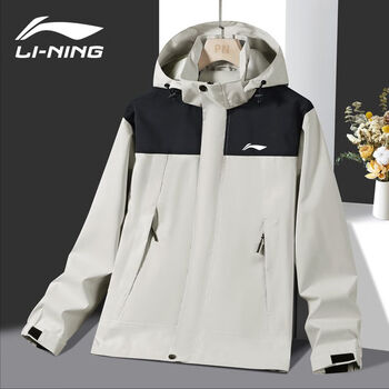 李宁冲锋衣男秋冬季多口袋夹克户外防风情侣大码运动外套米白色xs