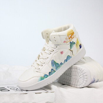 回力手绘鞋樱花高帮浮世绘涂鸦休闲国潮百搭运动鞋男女板鞋 a663鹤立