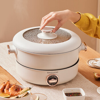 hg7大宇电火锅锅家用多功能一体分体式电炒锅炒菜蒸煮烧烤电煮锅 白色