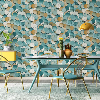 乐活北欧风格现代简约3d立体几何圆形亮片鱼鳞片圆圈墙纸ins风时尚