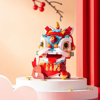 中国佳奇积木舞狮醒狮摆件模型招财麒麟国潮锦鲤年货儿童拼装玩具纳福