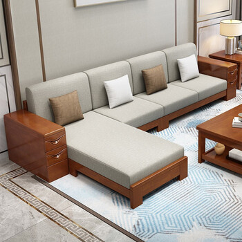 洛美希沙发实木沙发组合冬夏两用现代中式木沙发套装储物布艺沙发小