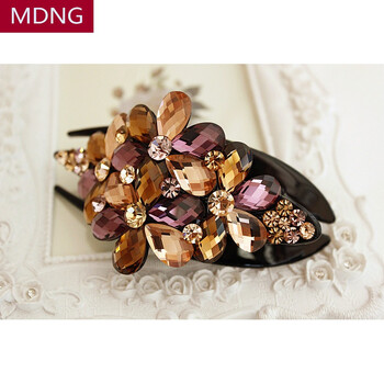 mdng韩系发饰品水钻花朵水晶彩色大号鸭嘴夹盘发梳抓夹韩版发夹紫彩