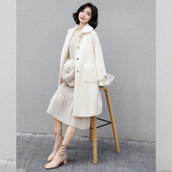 la crawfish毛绒外套中长款女冬季新款奶白色气质珍珠扣大衣 奶白色 s
