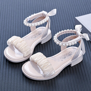 晴鹿女童凉鞋2022夏季新款珍珠儿童蝴蝶结公主鞋小学生小女孩时装童鞋