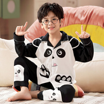 男孩睡衣宝宝可爱卡通动漫恐龙宽松全棉薄款家居服套装新款熊猫开衫