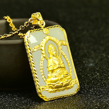 金甸福珠宝黄金观音吊坠玉佩999足金和田玉金镶玉男女