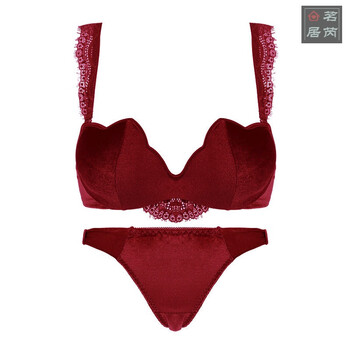 胸衣无钢圈聚拢本命年内衣女 加厚内衣女小胸聚拢绒面复古酒红色无