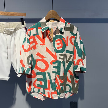 nasalike字母满印花翻领短袖衬衫男夏宽松休闲衬衣青年日系半袖花衬衫