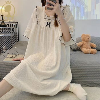 梦薇瑶睡衣女春夏季天仿棉纱泡泡纱睡裙短袖家居服可外穿甜美l米白