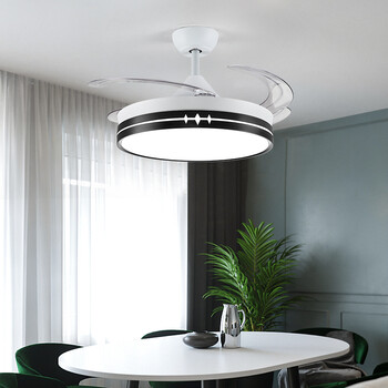 带电扇饭厅餐桌灯led吊灯家用电风扇灯白黑款42寸变频led变光4叶带