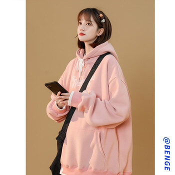 centuryboy粉色加绒卫衣女秋冬22新款温柔风连帽外套oversize甜酷加厚