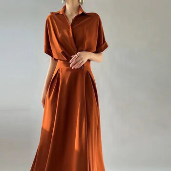 百伦比尔夏季连衣裙女高档气质时尚新款高级感显瘦收腰长裙橘红色m