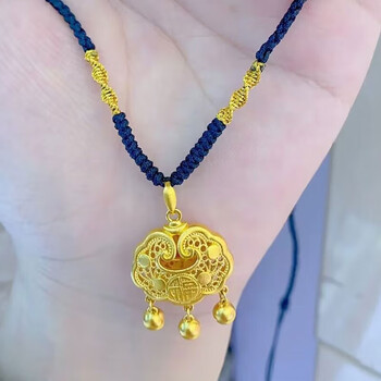 杜尊老凤凰999足金平安锁项链女士黄金长命锁包编织如意吊坠送女友