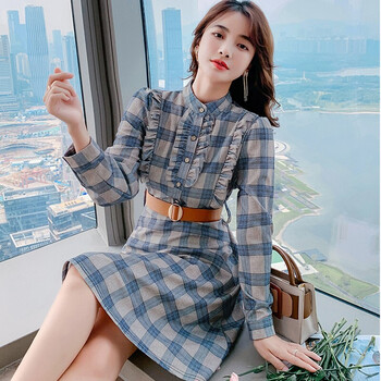 洛芊连衣裙女春秋女装2021秋季新款时尚拼接御姐气质格子复古修身显瘦