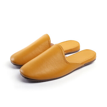 横折钩轻奢纯色春秋男女款家用羊皮拖鞋包头室内家居地板真皮拖鞋黄色