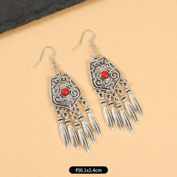 buhesyt民族风复古苗银流苏耳环镶松石长款印度风波西米亚耳坠女异域