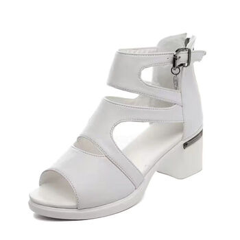 罗马凉鞋女2023年夏季新款粗跟中跟女鞋鱼嘴镂空休闲高帮凉鞋白色35