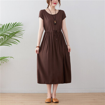 棉绸连衣裙女士夏季宽松系带收腰纯色中长款妈妈绵绸裙子咖啡色2xl
