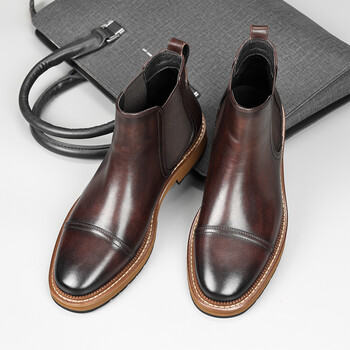 秋季头层牛皮切尔西靴男商务高帮皮鞋三接头英伦风皮短靴子潮 咖啡色