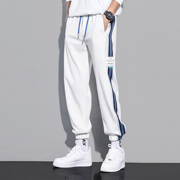 白色运动裤男秋季侧条纹韩版潮流宽松束脚卫裤纯棉针织慢跑休闲裤白色