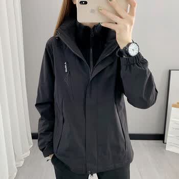 冲锋衣女两件套潮牌三合一加绒加厚防风保暖外套户外休闲服装男女黑色