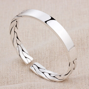 未心麻花编织手镯9999男开口霸气个性实心复古手工刻字男款银镯子创意