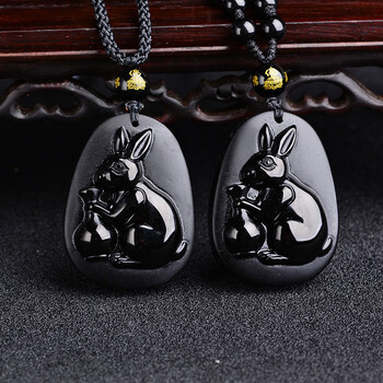玉兔抱瓶属狗生肖吉祥物吊坠 黑曜石化太岁吊坠男女款 挂绳款