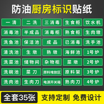 子木雅居厨房标识牌 厨房洗碗洗菜消毒清洗池柜标签水池一清二洗三