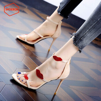 鞋柜达芙妮集团旗下高跟鞋细跟时尚凉鞋2024夏季新款水钻一字扣鞋杏色