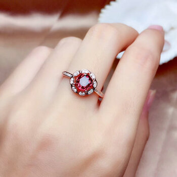 似卿石榴石戒指女s925银圆形紫红碧玺色宝石开口指环带证书白银色活口