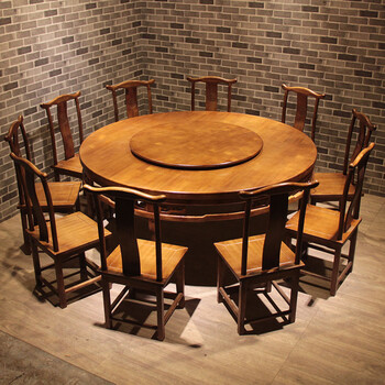墨绩碳化实木新中式餐厅饭店农家乐酒店大小圆餐桌椅组合电动转盘家用
