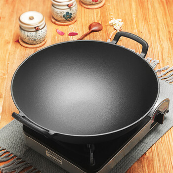 饭店双耳炒菜锅铸铁锅双耳炒锅36cm生铁锅加厚无涂层不粘锅家用老式