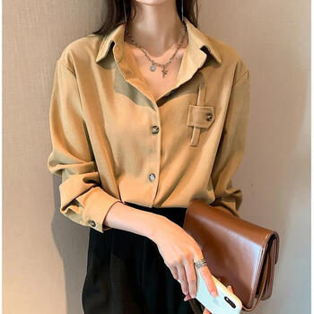 春秋新款灯芯绒衬衫女百搭设计感港味上衣磨毛打底衬衣潮卡其色l