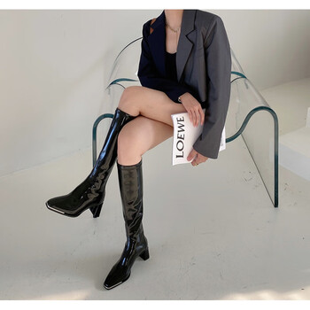 新款女士网纱高跟靴肯豆长女不高筒方头超漆皮及膝靴秋季骑士靴女装中