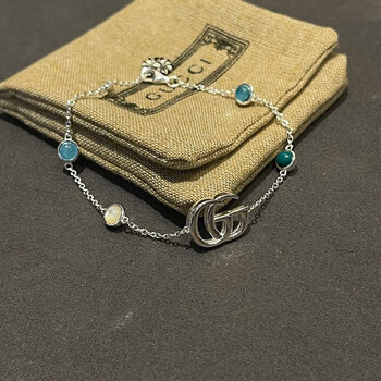 古驰(gucci)银时尚个性手镯双g 轻奢首饰 送女友百搭生日礼物 双g松石