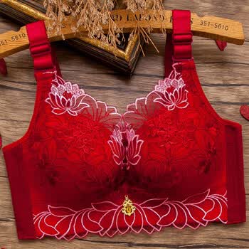 南极人文胸本命年刺绣结婚大红内衣女小胸聚拢上托加厚无钢圈收副乳属