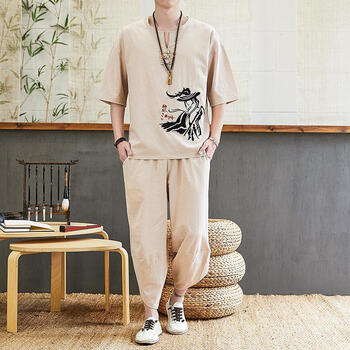60亚麻睡衣男中国风汉服男棉麻七分袖睡衣夏宽松亚麻布7分裤中式