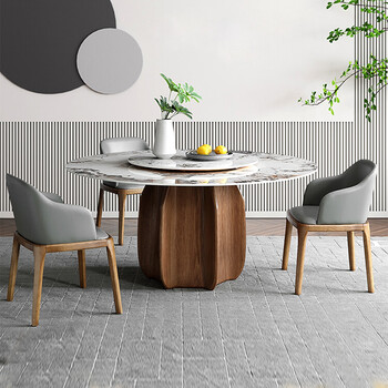 艺术女神 实木岩板餐桌 北欧意式混搭极简风格餐厅餐桌椅套装 胡桃色