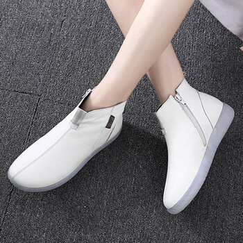 护士鞋冬天冬天白色真皮护士鞋女软底短靴保暖医院护士棉鞋高帮牛筋加