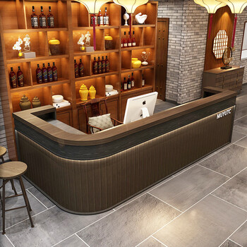 逐月复古收银台饭店餐馆酒吧吧台桌柜台烧烤店铺商用前台形转角订制深